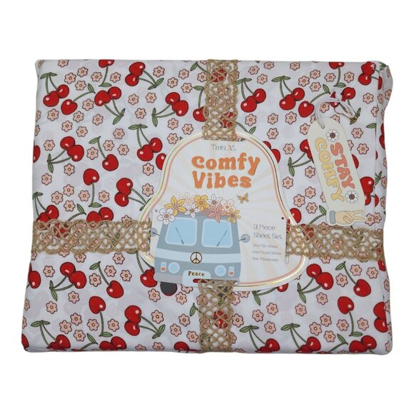 Comfy Vibes Retro Cherries Floral Twin XL Sheet Set 3 Piece Polyester New - Picture 8 of 8